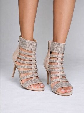 Vince Camuto Rhinestone Gladiator Heels Beige Suede Sandals Size 6